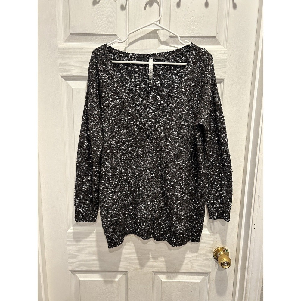 Kensie Womens Medium Black White Marled Knit Cardigan Faux Leather Elbow Patches